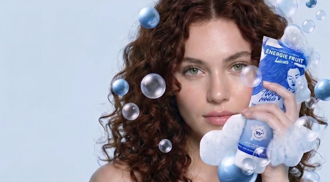 Une femme aux cheveux bouclés auburn tient un tube de soin capillaire près de son visage, entourée de bulles de savon, sur fond bleu pâle.